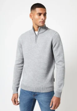 French Connection Chunky Half Zip Funnel Neck- Trui - Light Grey Melange