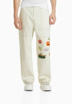 BERSHKA Carpenter Patches- Relaxed Fit Jeans - Beige
